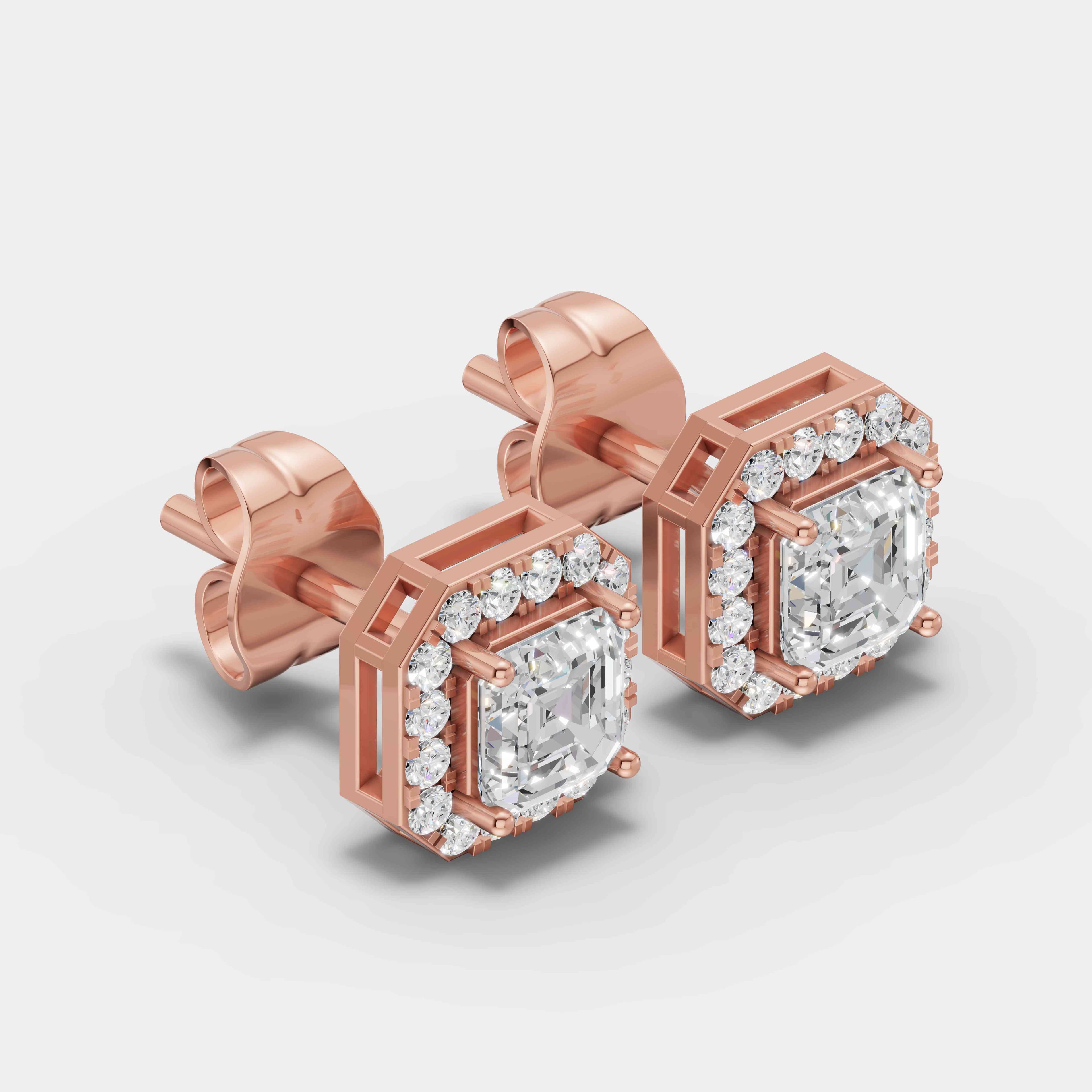 Square Solitaire Halo Diamond Studs - 2